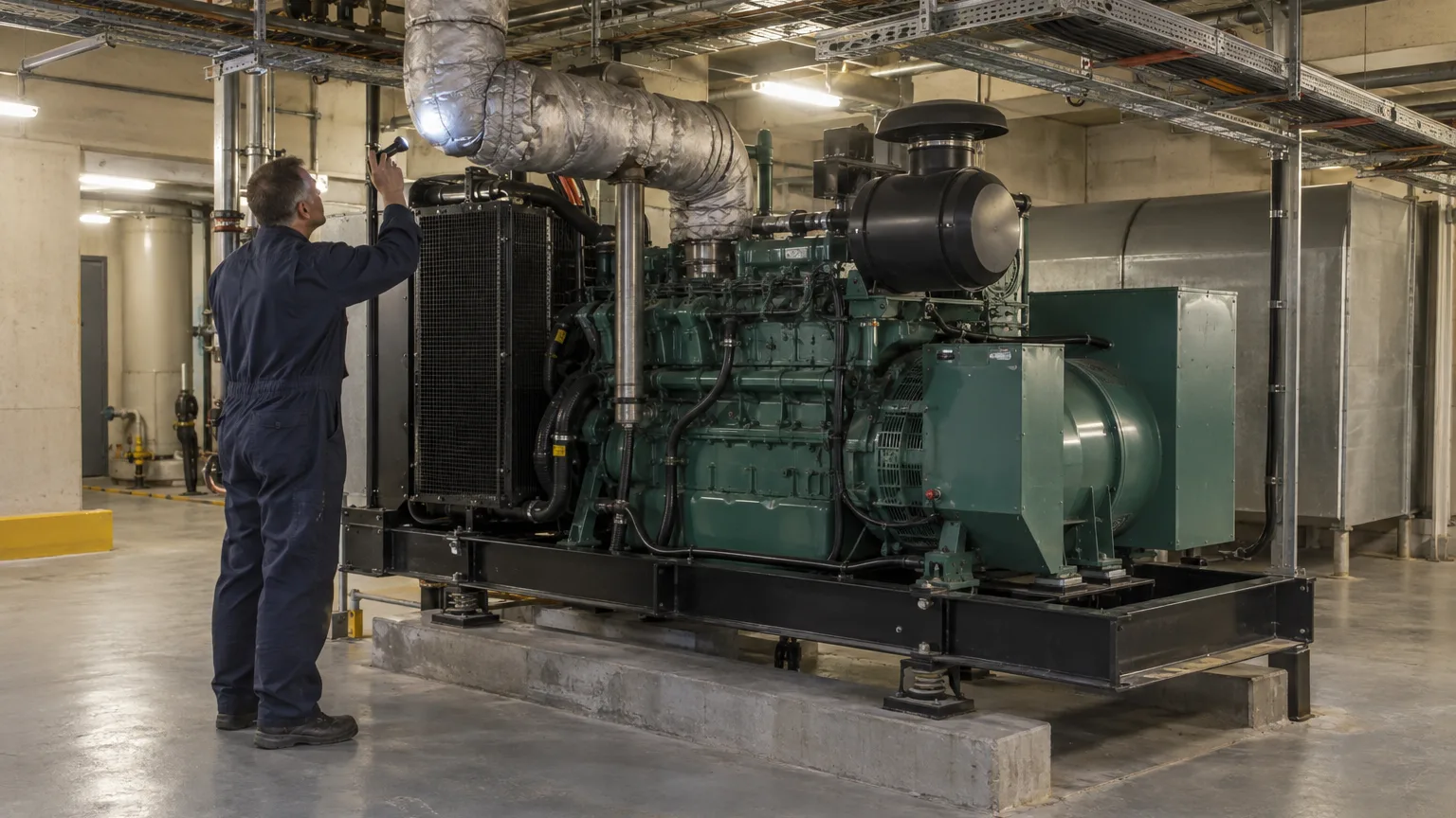 Un ingeniero inspecciona un gran grupo electrógeno diésel de respaldo en la sala de generadores del subsuelo de un edificio