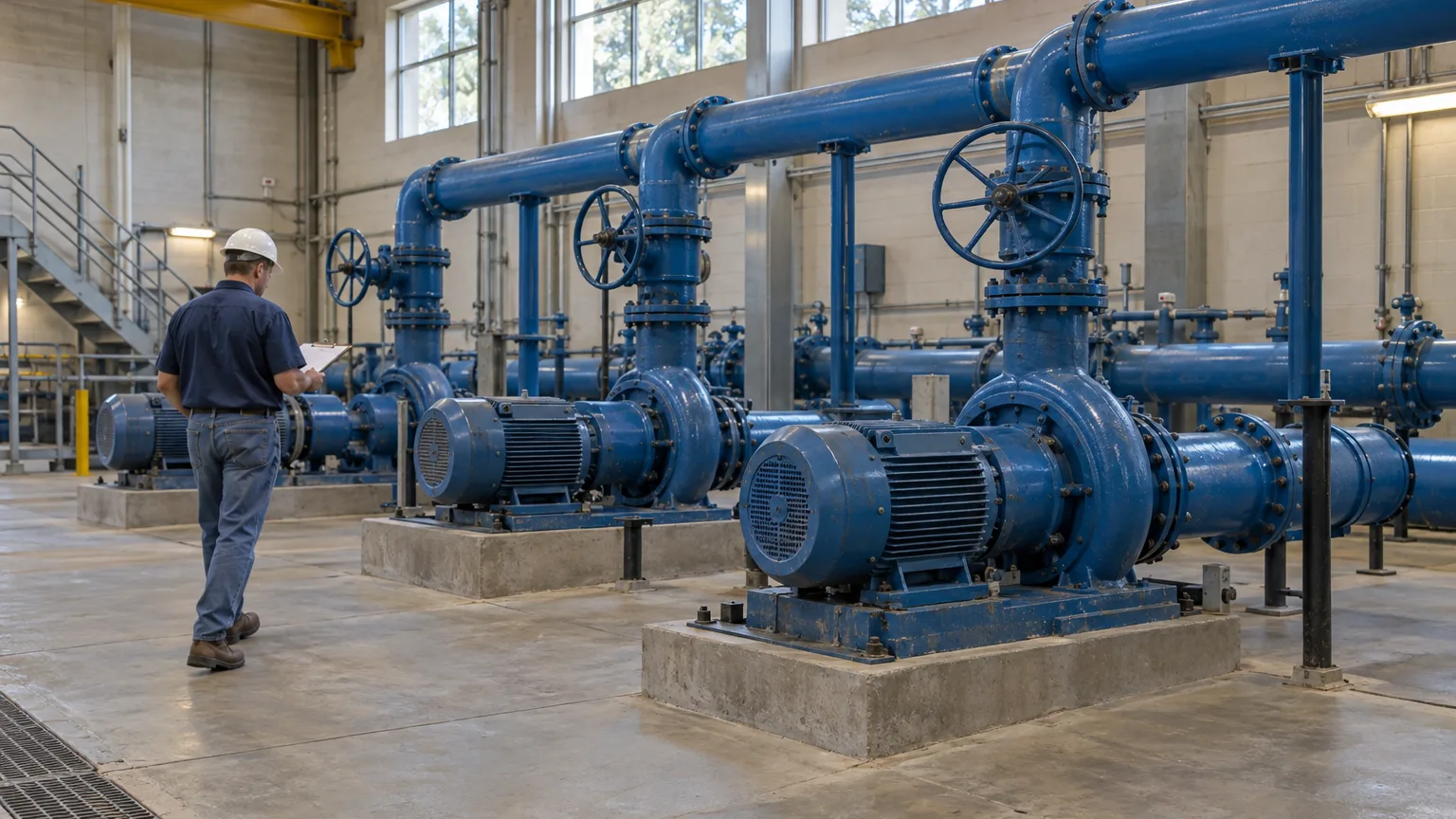 Un trabajador de mantenimiento camina con una planilla junto a una fila de grandes bombas centrífugas azules en una estación de rebombeo de agua