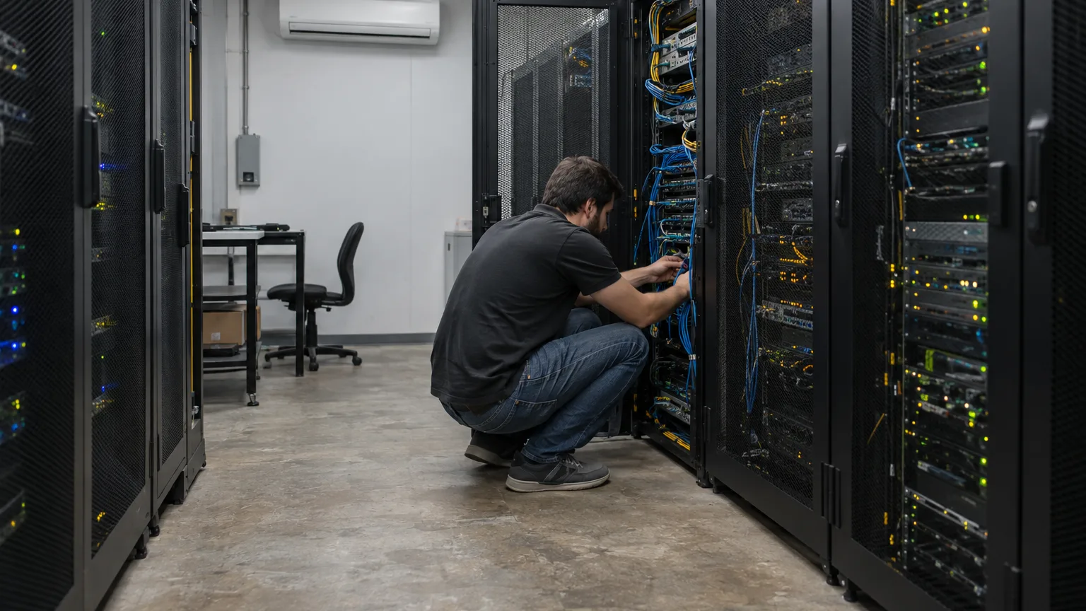Un técnico de TI agachado revisa cables en un gabinete de rack abierto en una sala de servidores