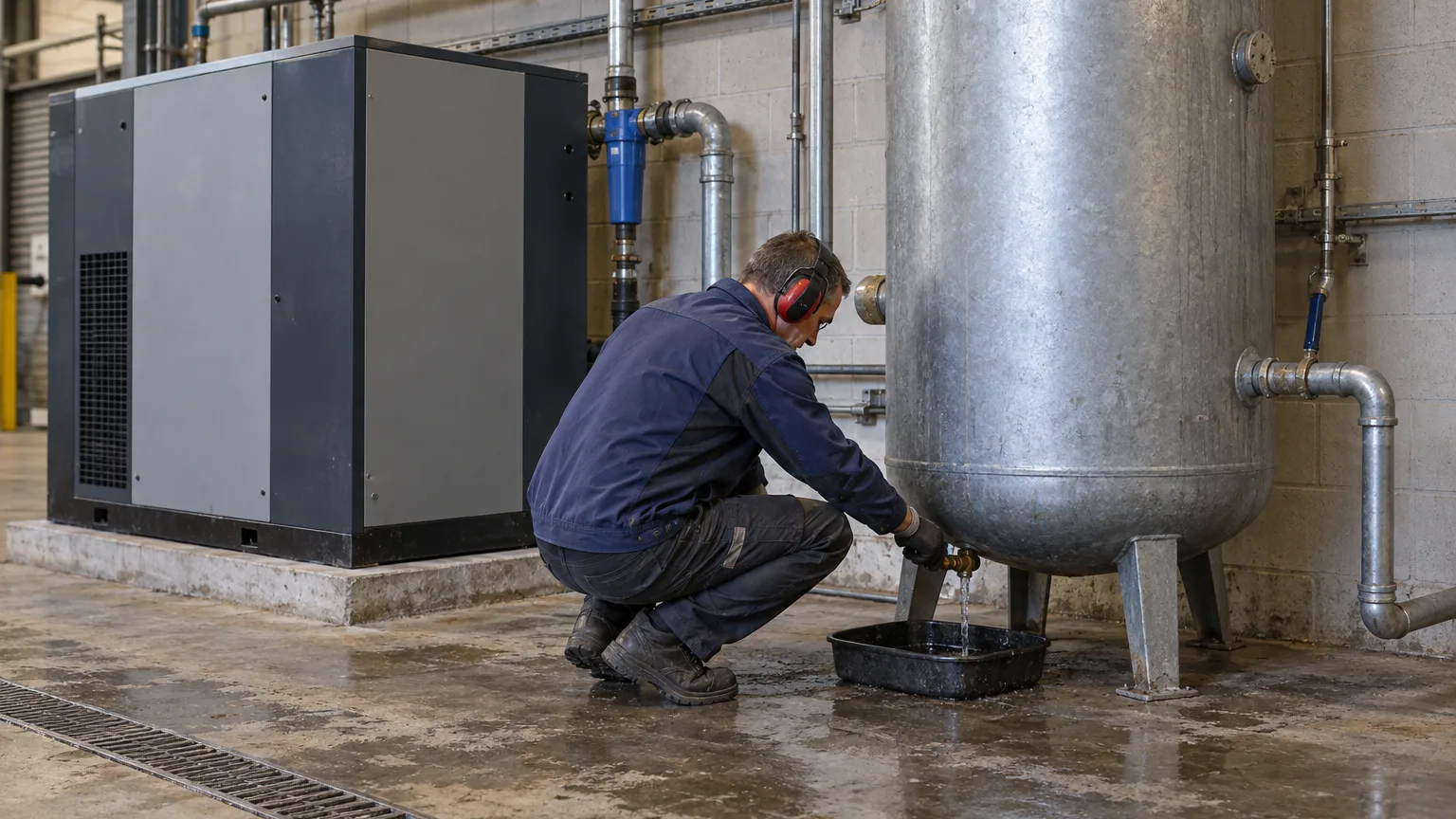A maintenance fitter in ear defenders drains condensate from a vertical steel air receiver beside a boxed compressor