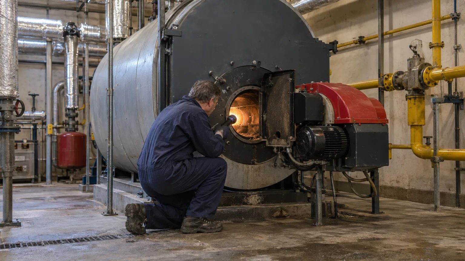 A heating engineer kneels with a torch at the open burner door of a steel industrial boiler, with yellow gas pipework beside it