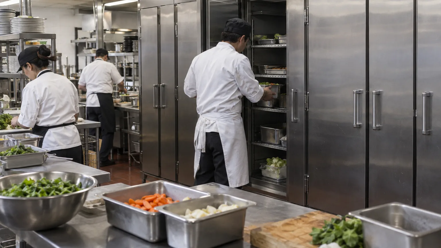 A cook takes a tray out of a stainless steel reach-in refrigerator in a busy restaurant kitchen