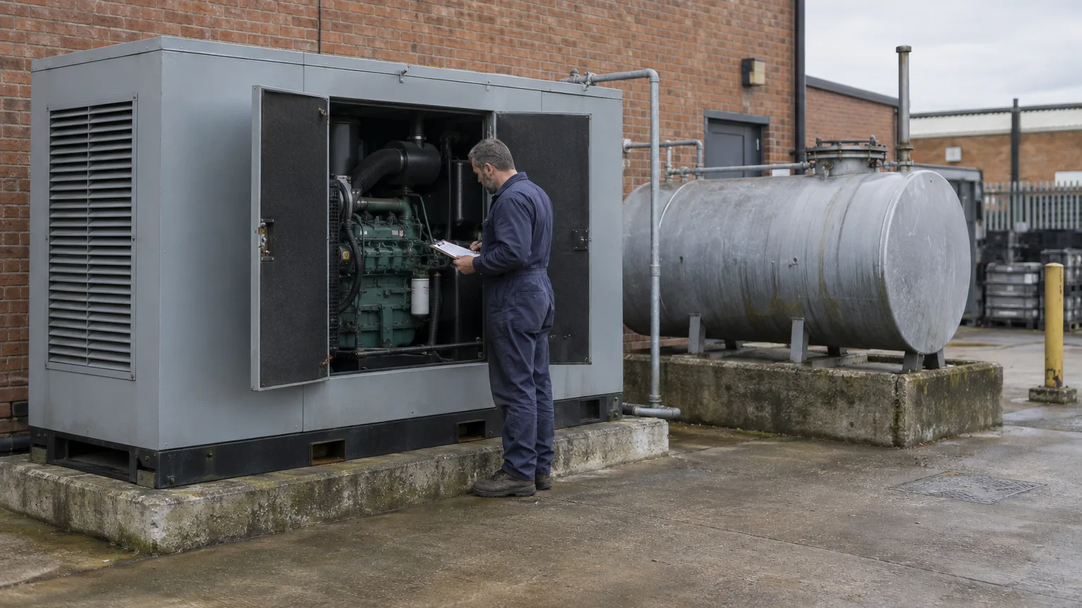 A technician with a clipboard stands at the open door of a diesel generator set in a grey canopy, with a steel fuel tank beside it