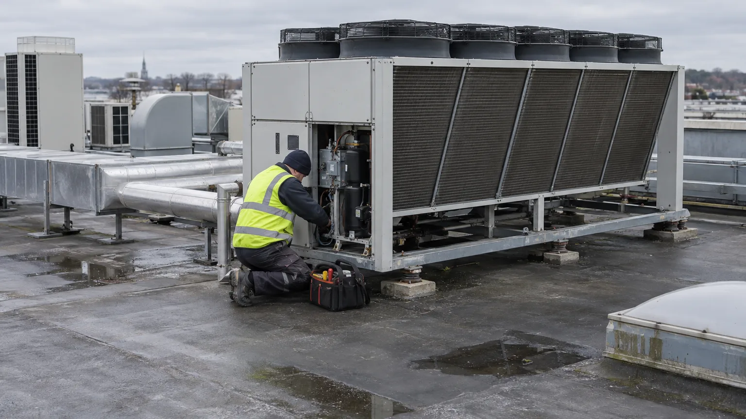 A technician in a hi-vis vest kneels at the open panel of an air-cooled chiller on a flat roof