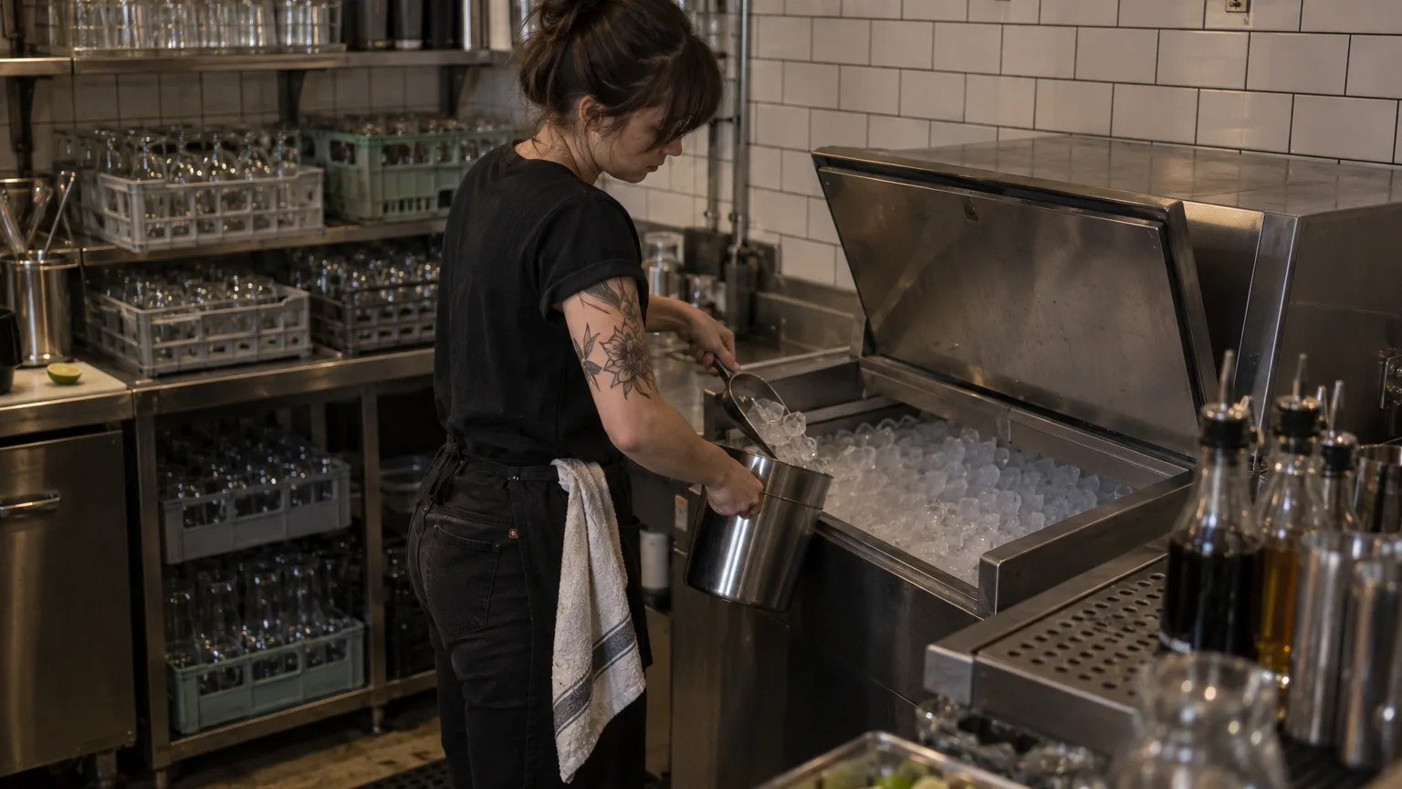 A bartender scoops ice from the open bin of a stainless steel ice machine into a metal bucket
