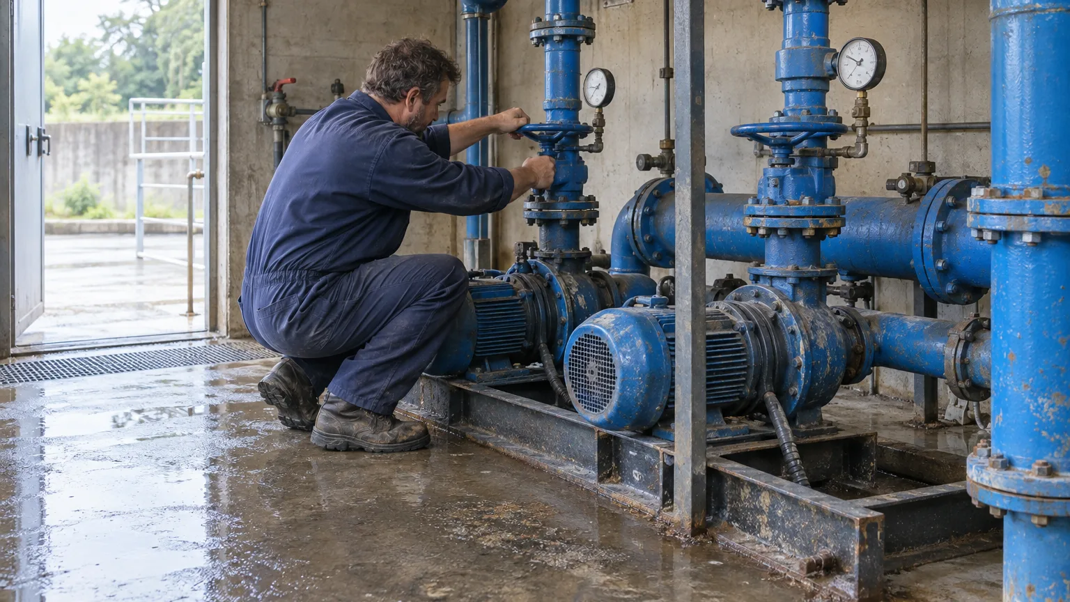 A maintenance worker turns a valve handwheel beside two blue electric pumps and their pipework in a pump house