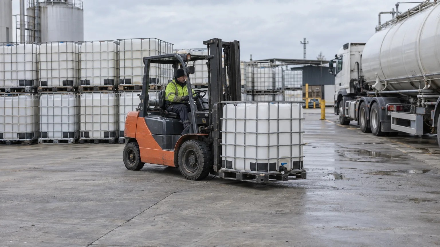 A forklift carries a white intermediate bulk container across a yard stacked with identical containers, with a tanker truck behind