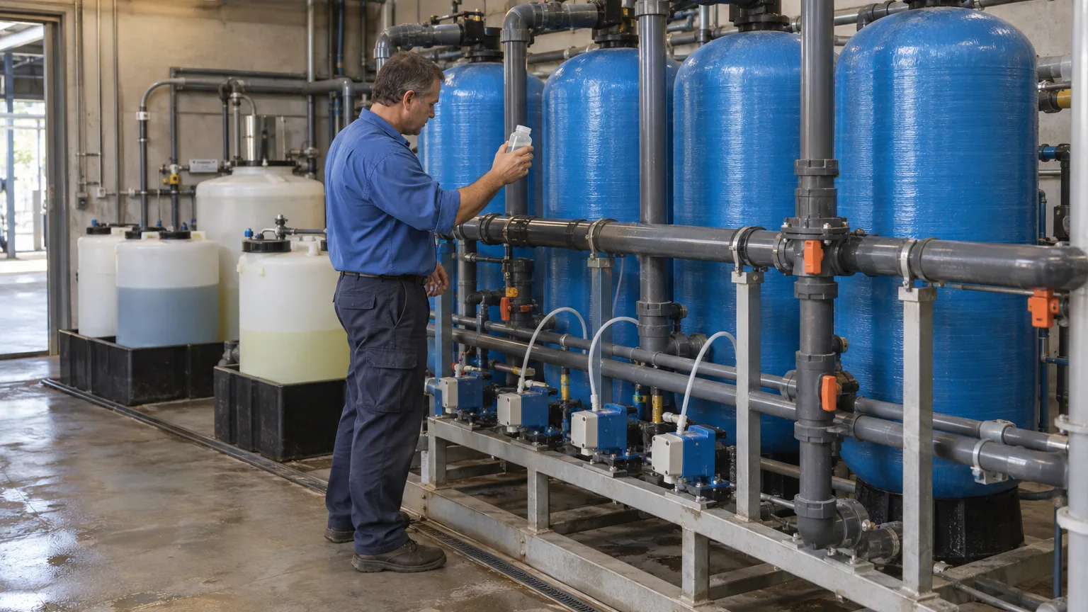 A technician holds up a sample bottle beside blue filter vessels, dosing pumps and chemical tanks in a plant room