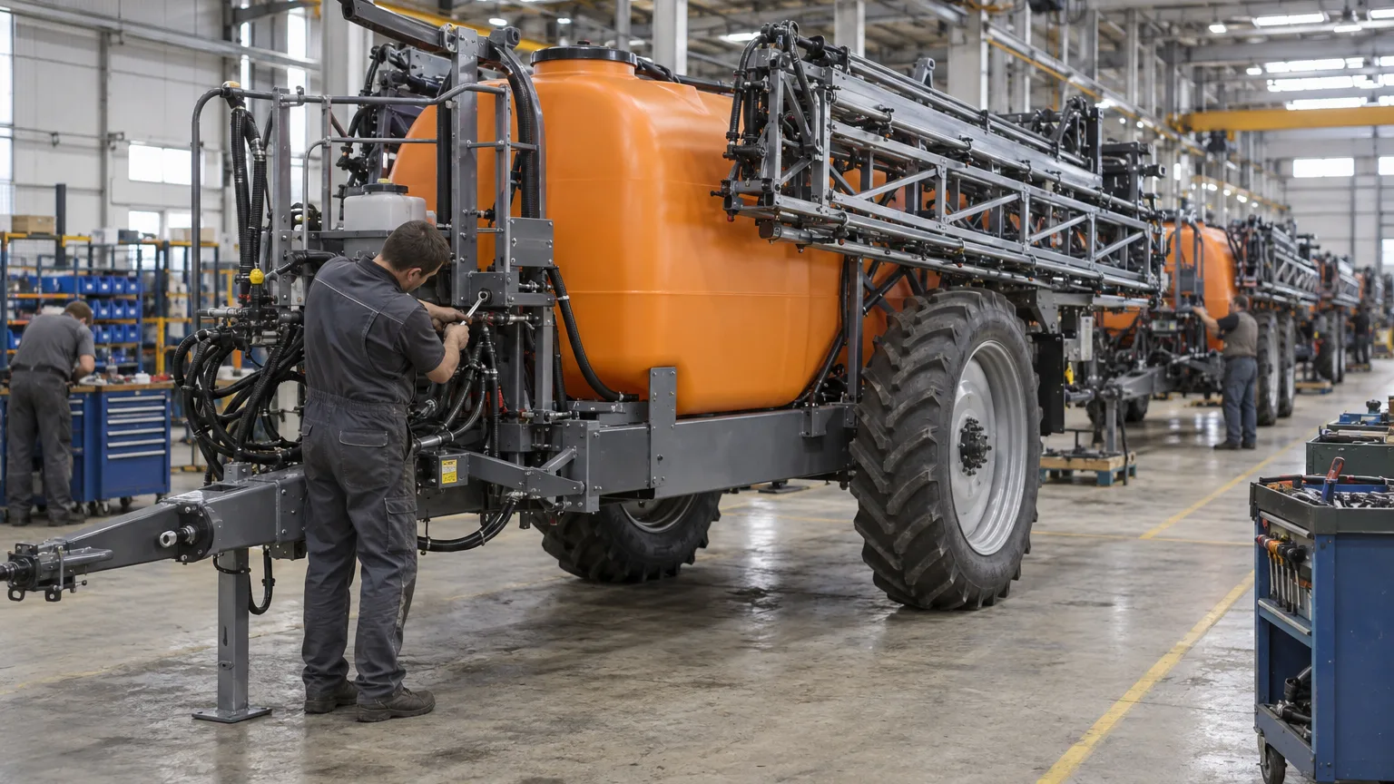 A technician tightens a fitting on a field sprayer on the assembly line of an agricultural machinery factory