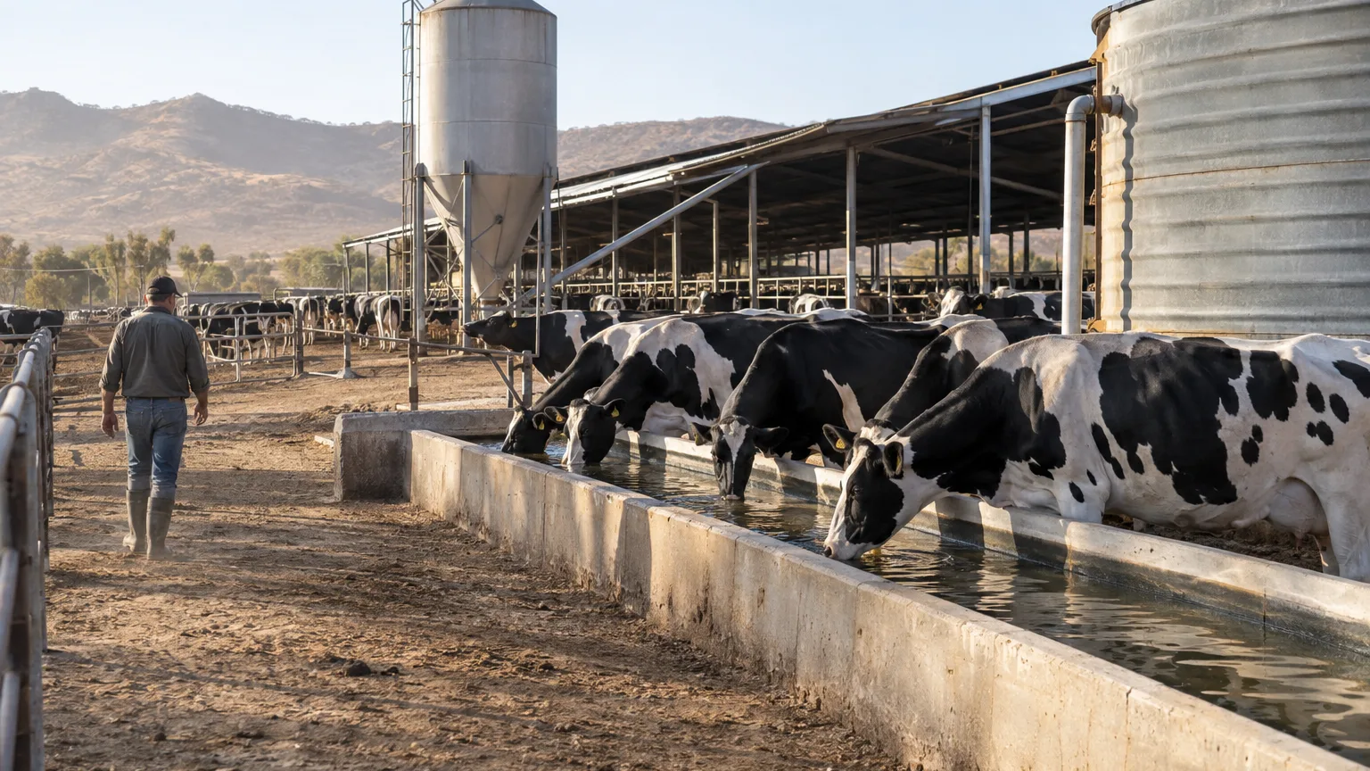 Dairy cows drink from a concrete water trough beside a steel water tank, with a feed silo and a cattle shed behind