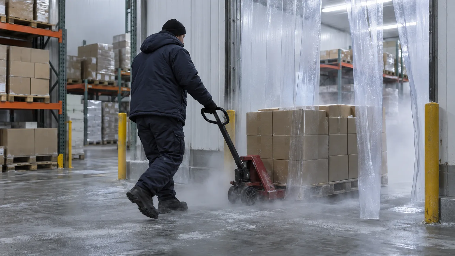 A worker pulls a pallet of boxes through the strip curtain of a walk-in cold room in a distribution warehouse