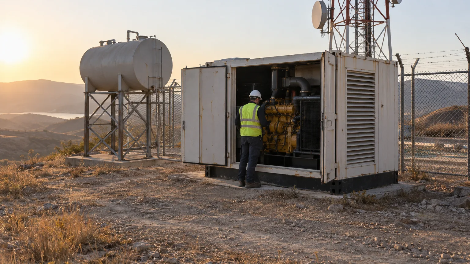Un técnico frente a la puerta abierta de un grupo electrógeno en contenedor, en un sitio remoto en una ladera, junto a un tanque de combustible y una torre de celosía