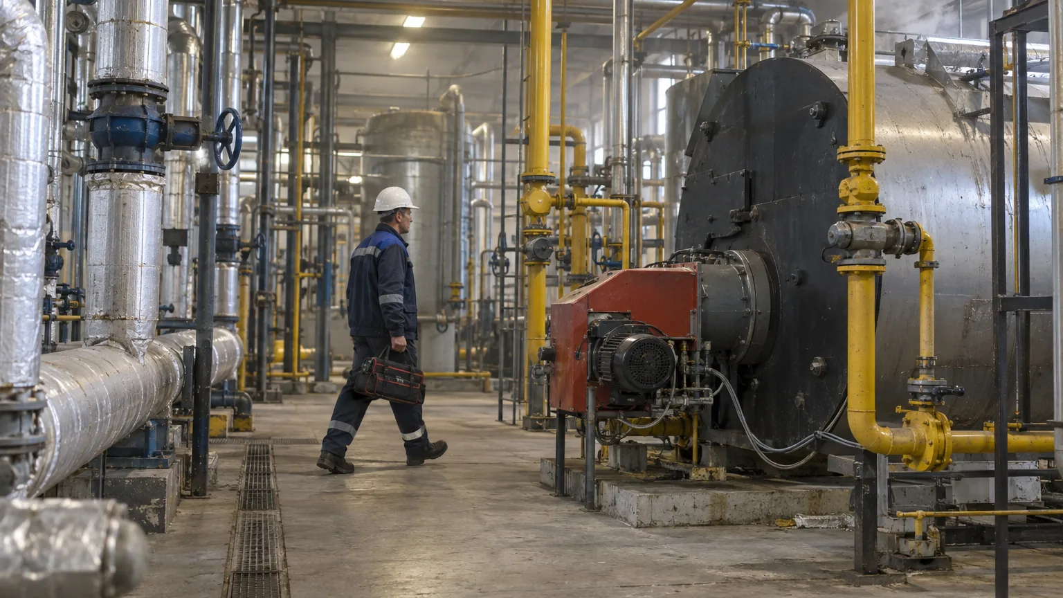 A technician walks through an industrial boiler room past yellow gas pipework and a steel boiler