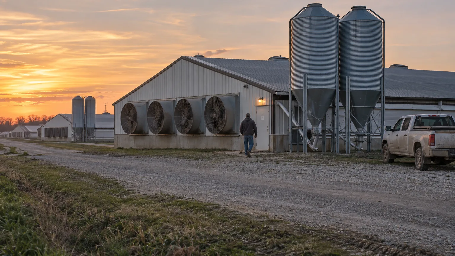 A row of poultry houses at dusk with tunnel fans on the end wall and two feed silos beside the nearest house